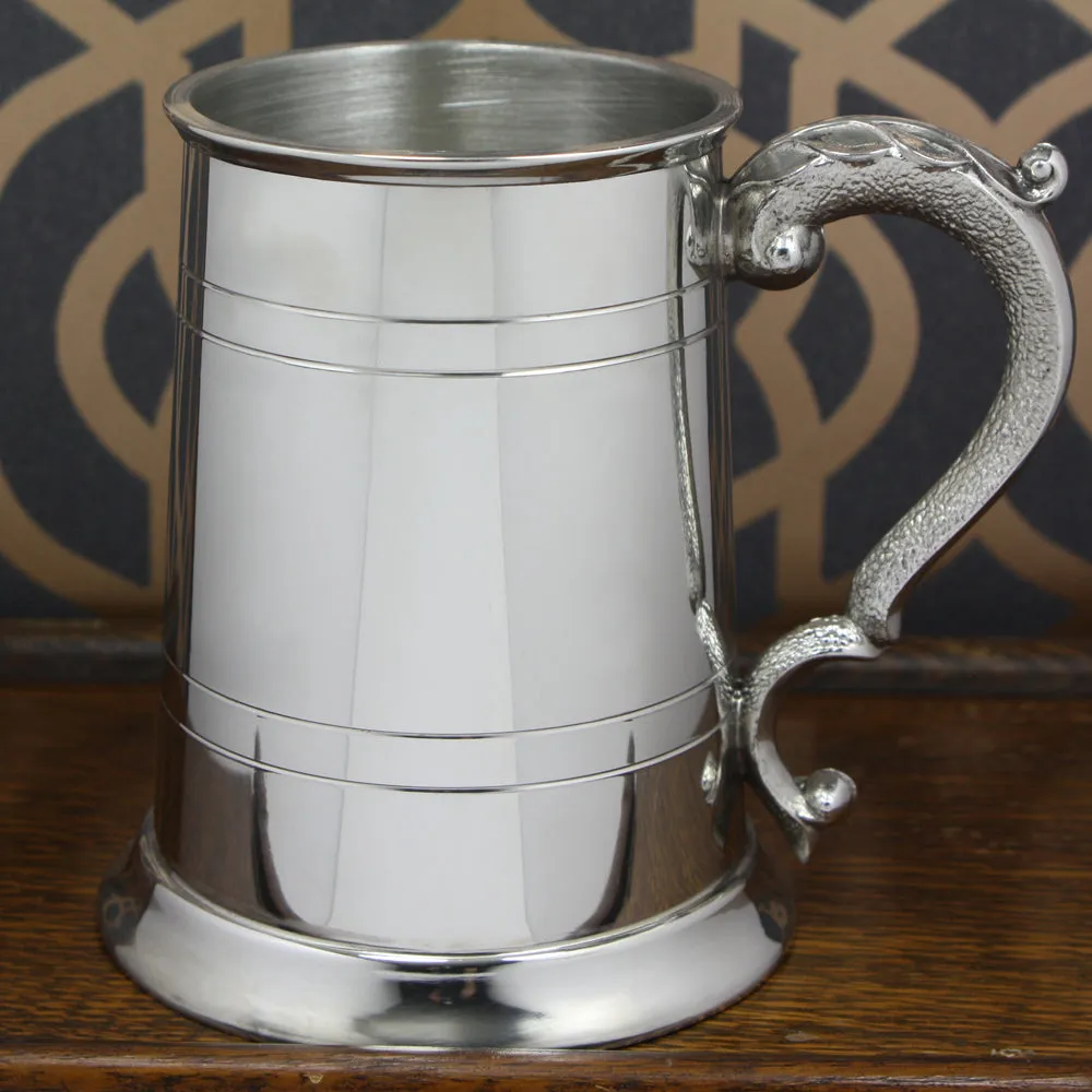 1 Pint* Pewter Beer Mug Tankard With Intricate Curved Handle