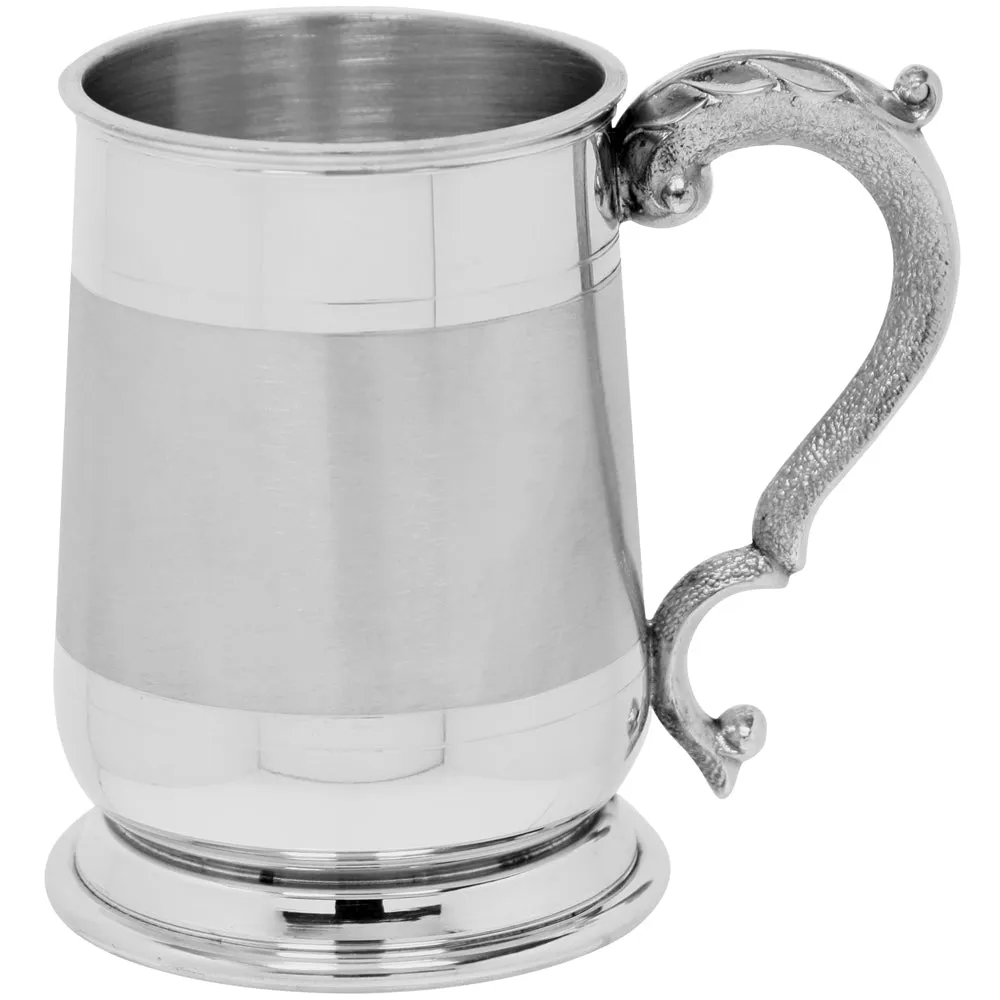 1 Pint* Pewter Beer Mug Tankard With Ornate Handle and Satin Band