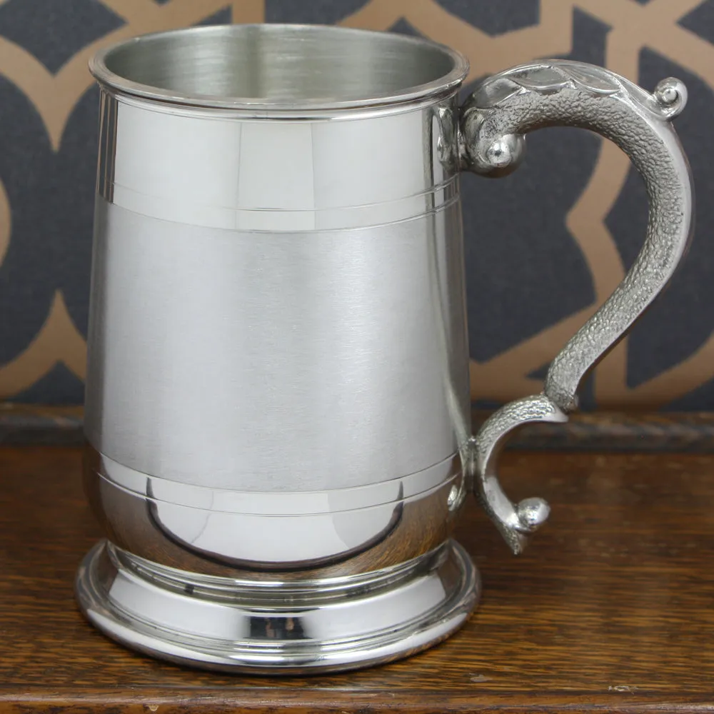 1 Pint* Pewter Beer Mug Tankard With Ornate Handle and Satin Band