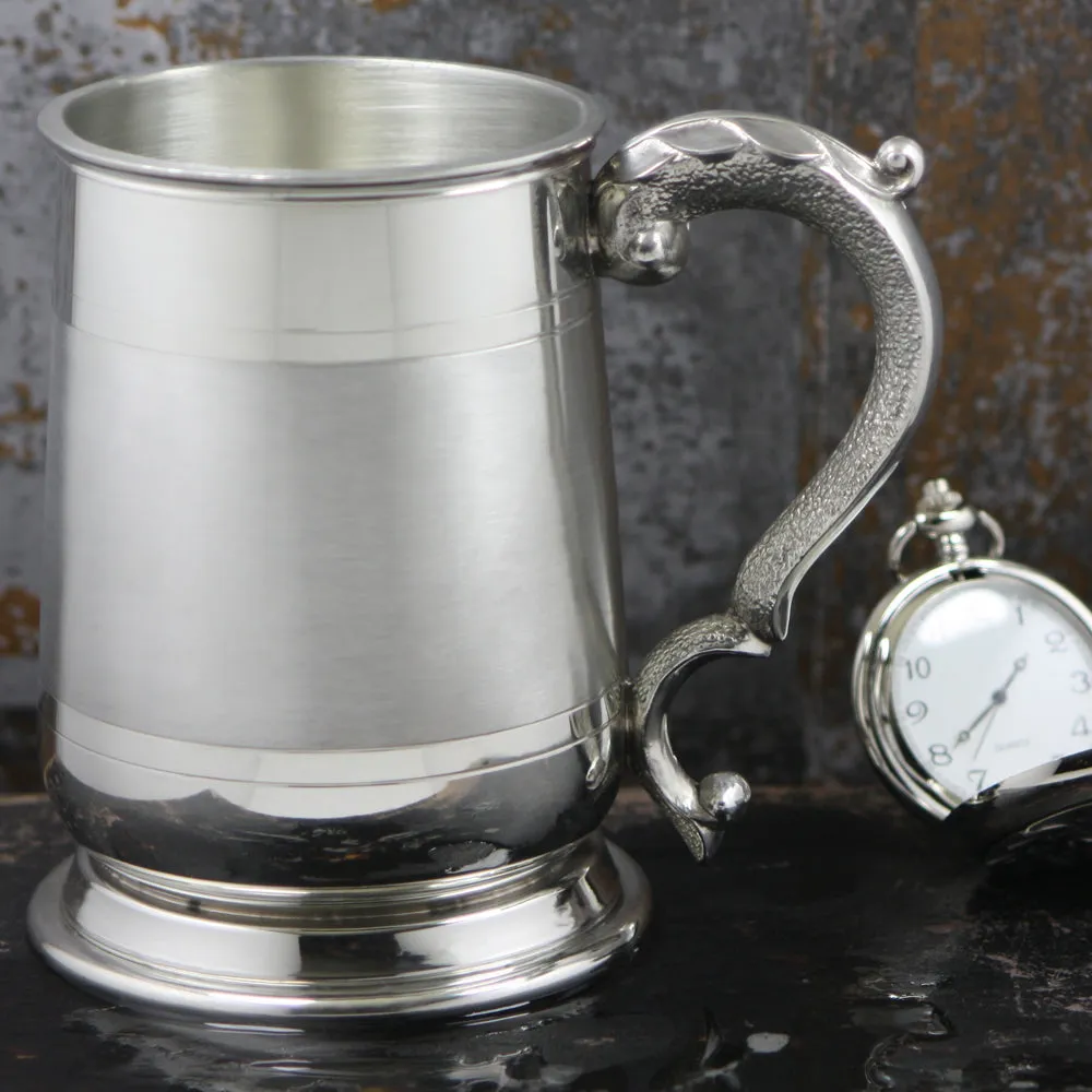 1 Pint* Pewter Beer Mug Tankard With Ornate Handle and Satin Band