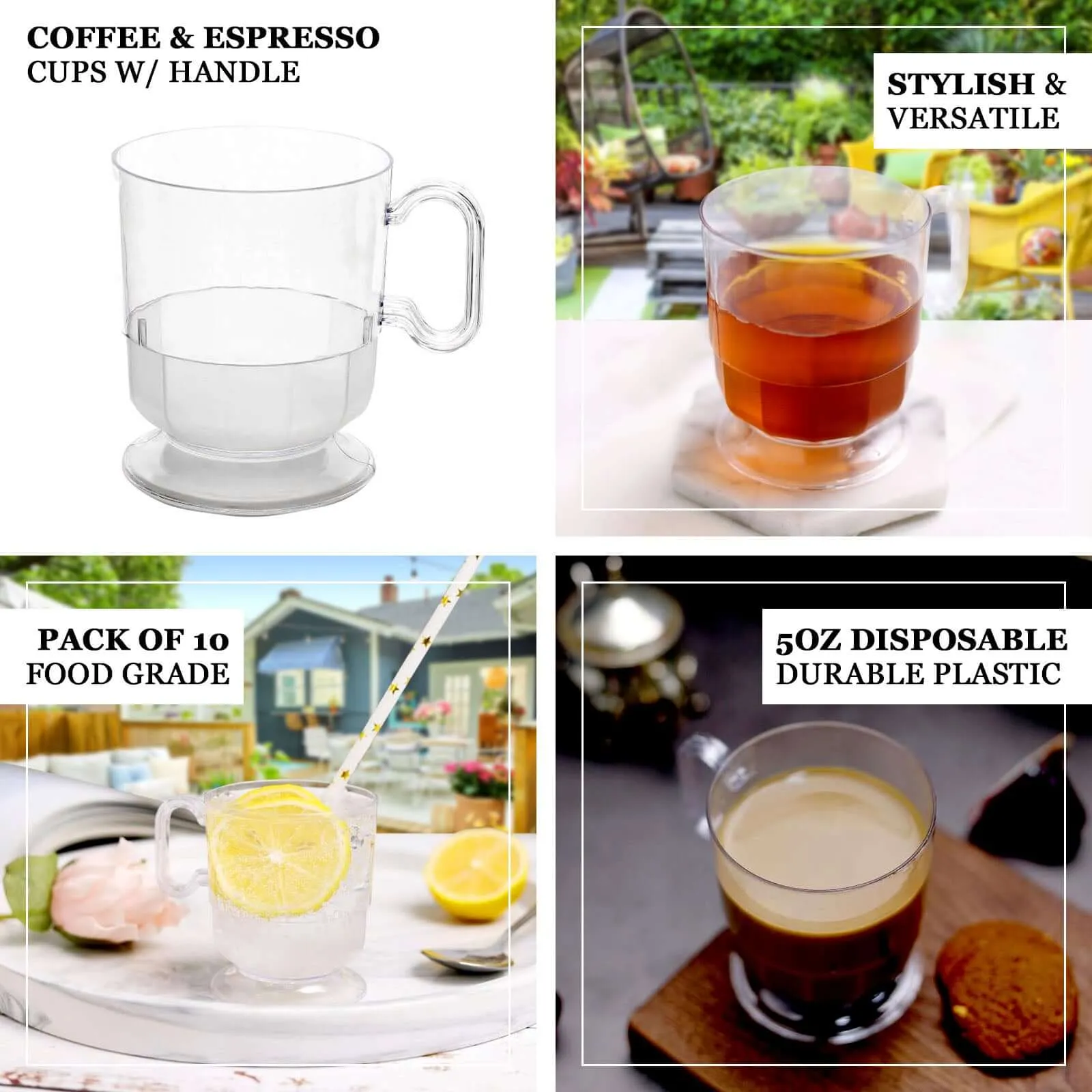 10 Pack Clear 5oz Plastic Disposable Coffee Espresso Cups With Handle