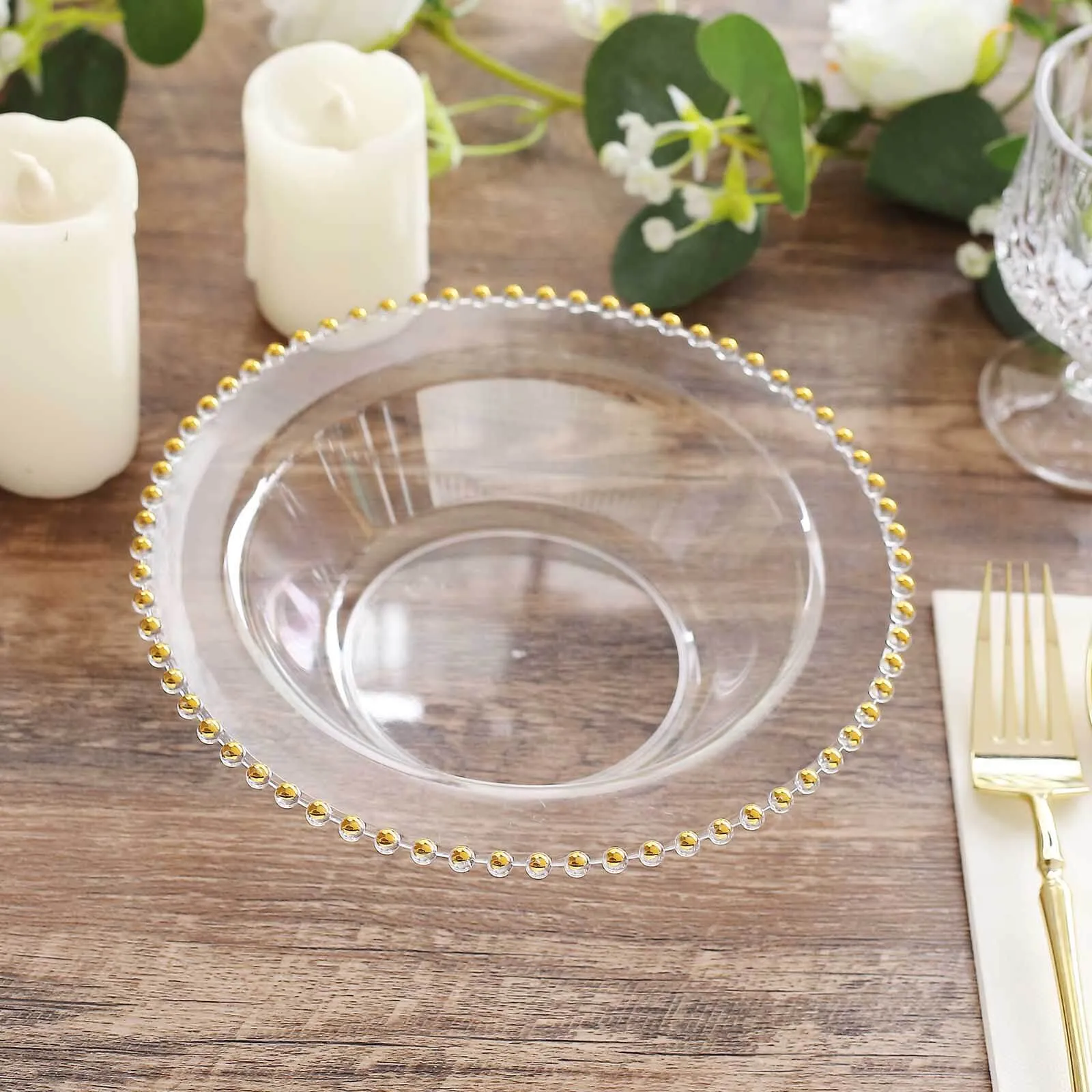 10 Pack Clear Round Plastic Dessert Bowls with Gold Beaded Rim, 12oz Disposable Salad Soup Bowls