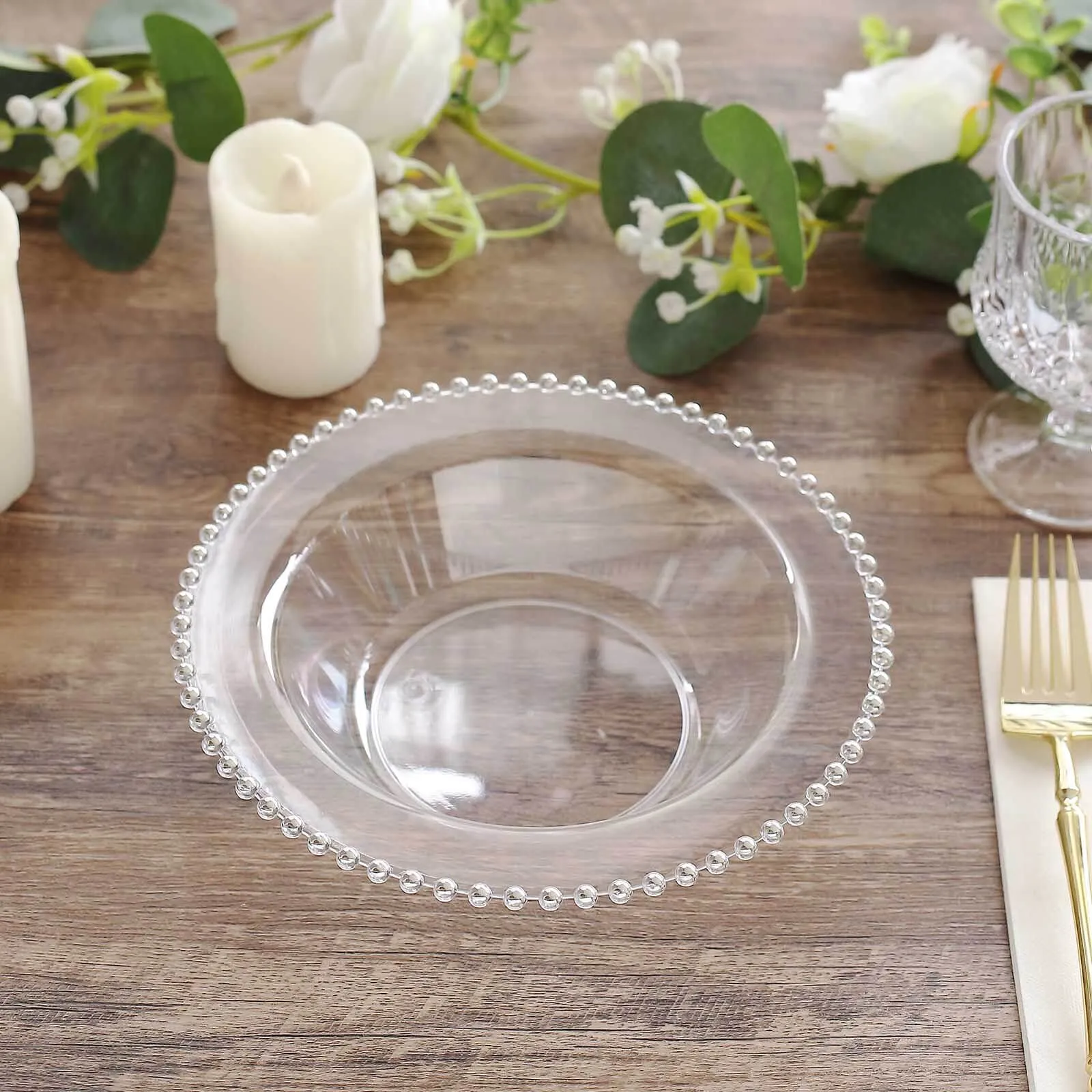 10 Pack Clear Round Plastic Dessert Bowls with Silver Beaded Rim, 12oz Disposable Salad Soup Bowls