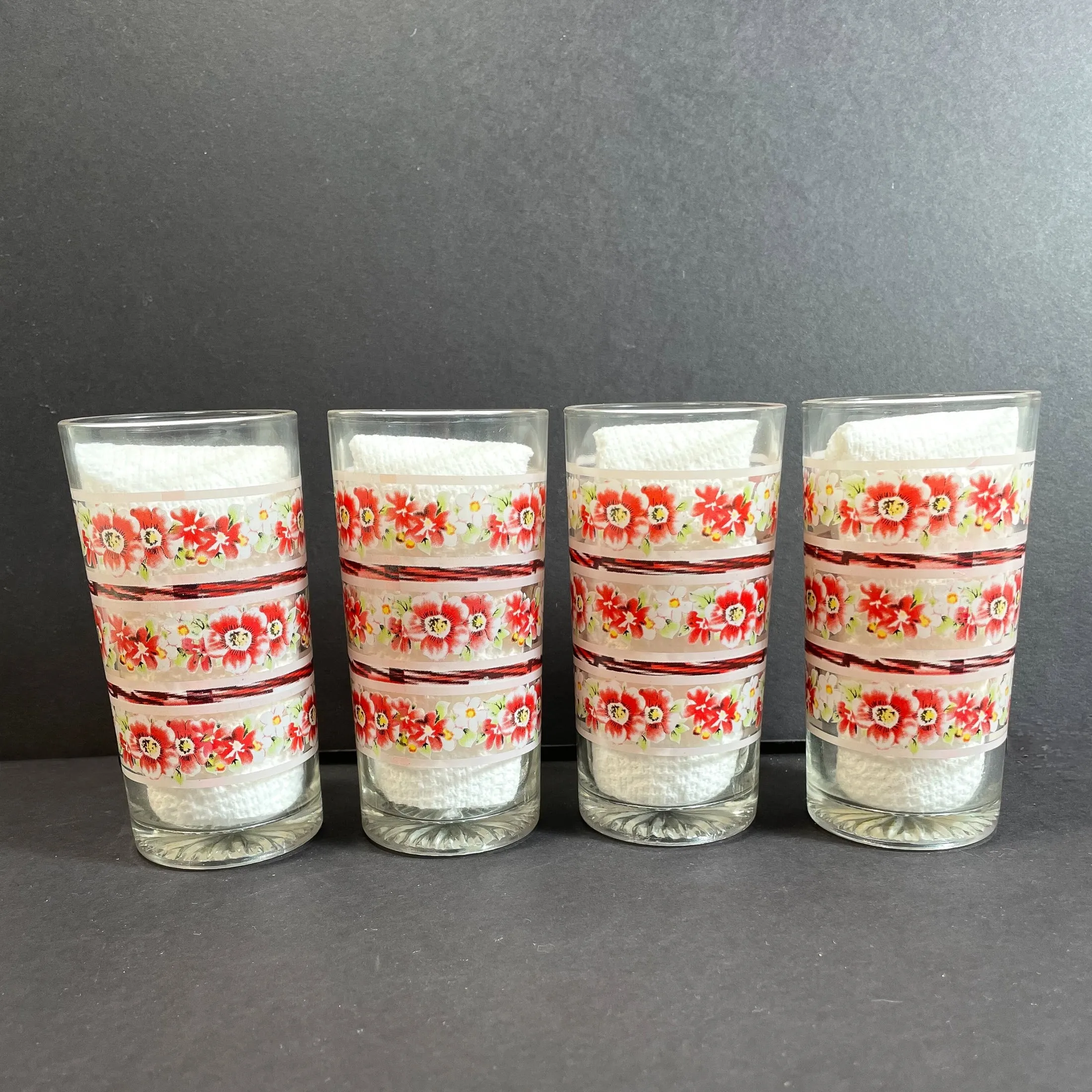 4 Vintage Flower Print Small Drinking Glasses, Set of 4 Juice Glasses