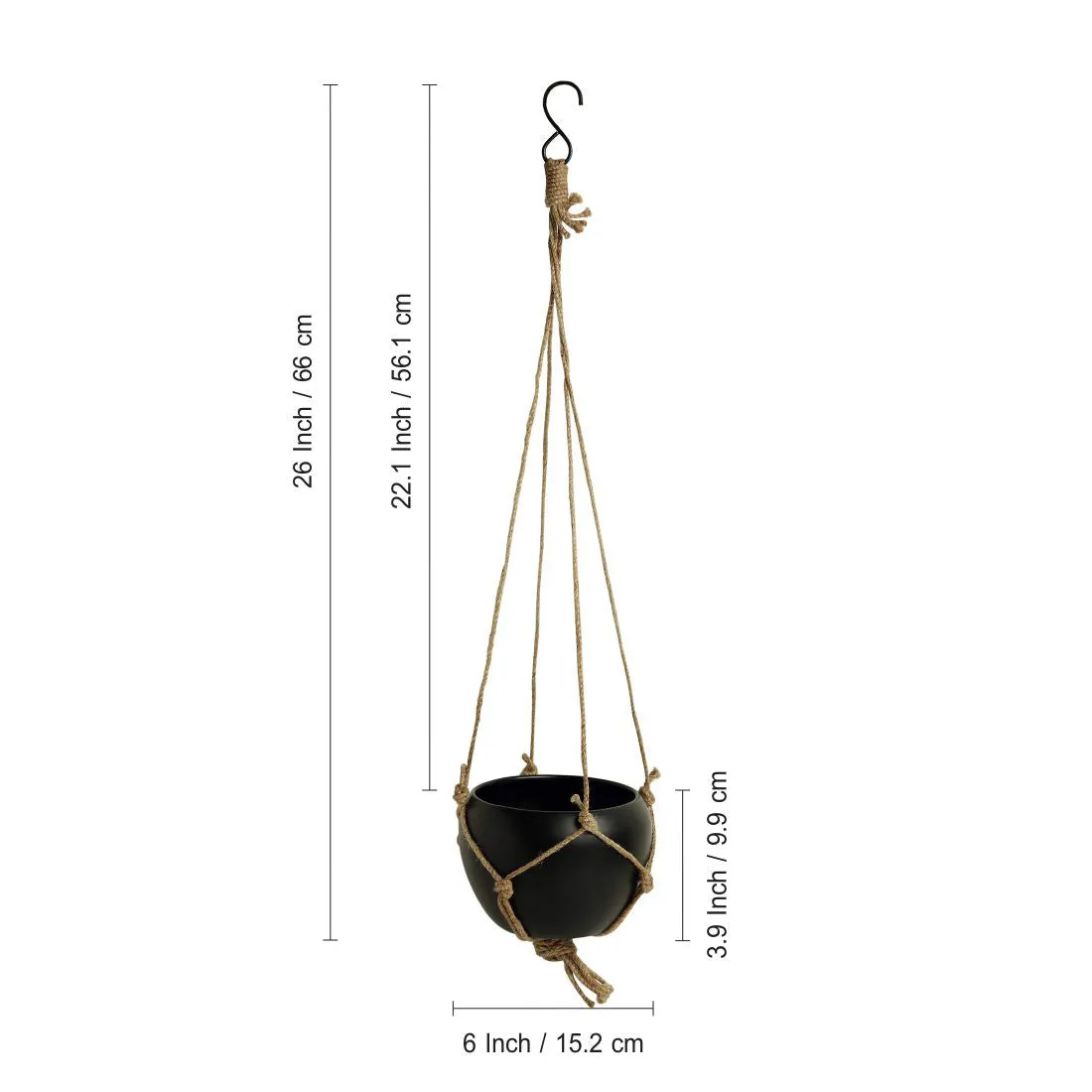 'Black Goblet' Metal Handpainted Hanging Planter Pot with Jute