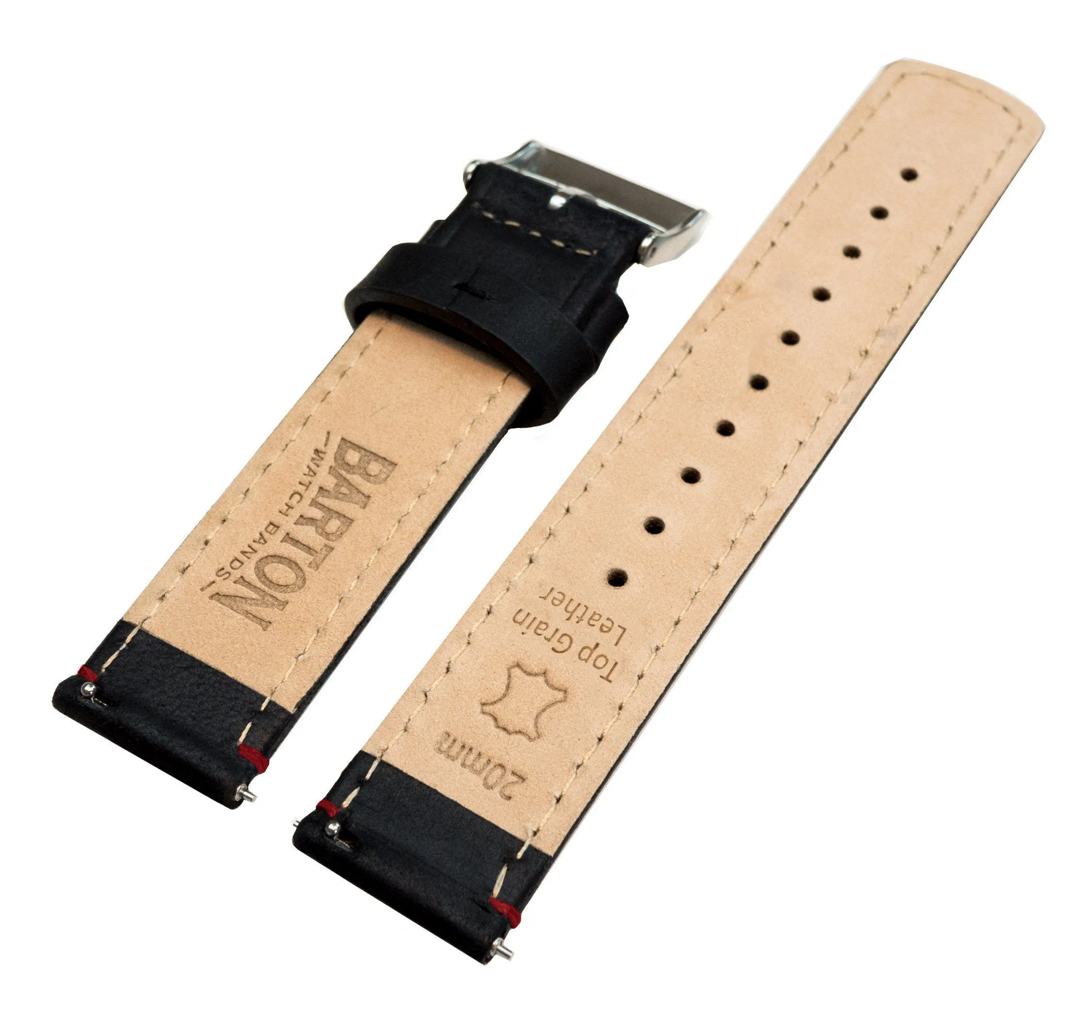 Black Leather Crimson Red Stitching Watch Band (16mm SALE)