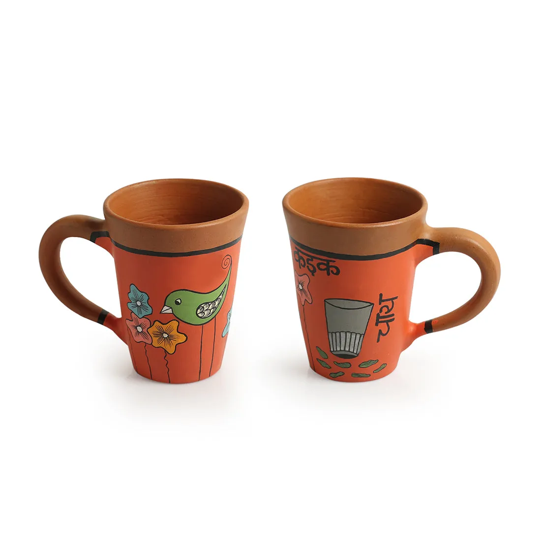 'Chai Birdies' Terracotta Coffee & Tea Cups (Set Of 2, 250 ML, Hand-Painted, Orange)