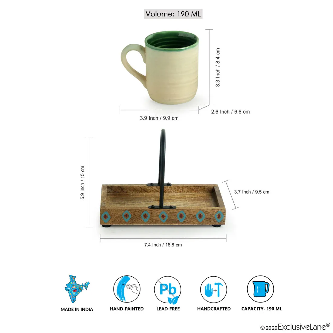 'Jade Translucence' Hand Glazed Studio Pottery Coffee & Tea Cups with Tray (Set of 2, 190 ML)