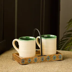 'Jade Translucence' Hand Glazed Studio Pottery Coffee & Tea Cups with Tray (Set of 2, 190 ML)