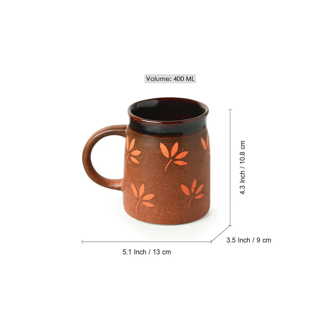 'Leaf Sips' Handpainted & Handglazed Studio Pottery Coffee & Tea Mug In Ceramic (400 ML, Microwave Safe)