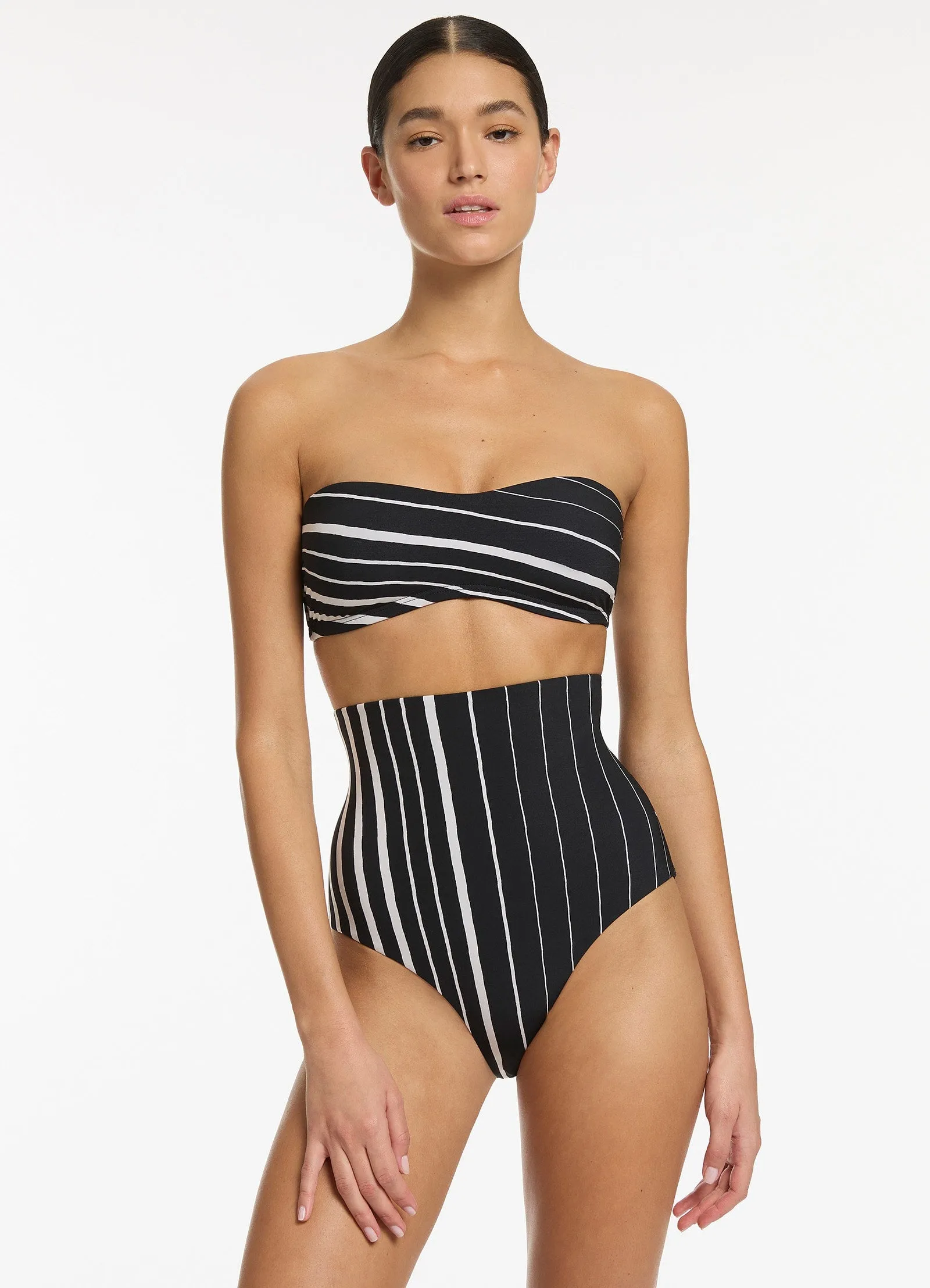 Lunar Stripe Minimal Bandeau Bikini Top - Black/Chalk