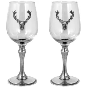 Luxury Pewter Stag Head Wine Glasses Set With Solid Pewter Stem - Pair