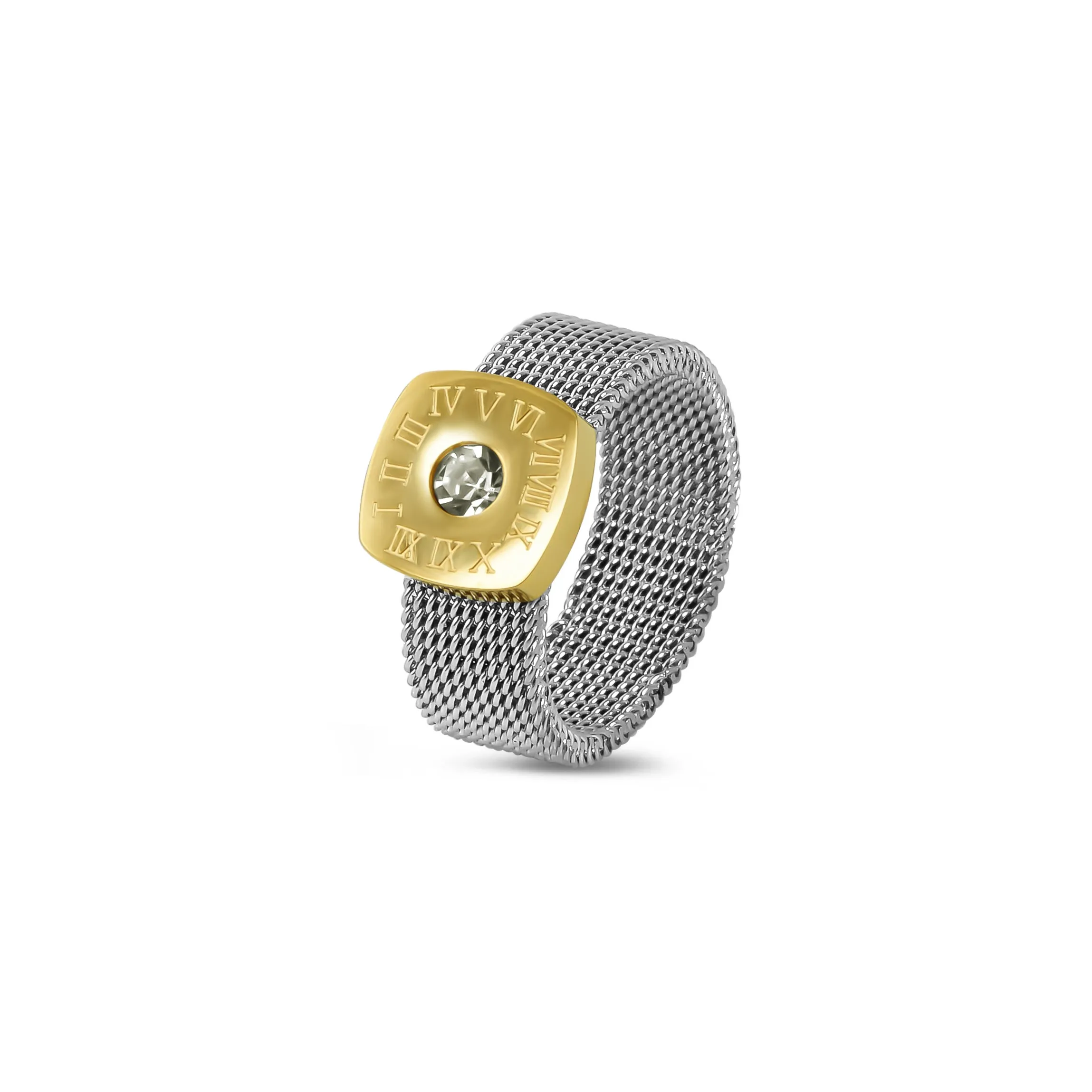 Mesh Strap Latin Stone Ring - Silver/Gold