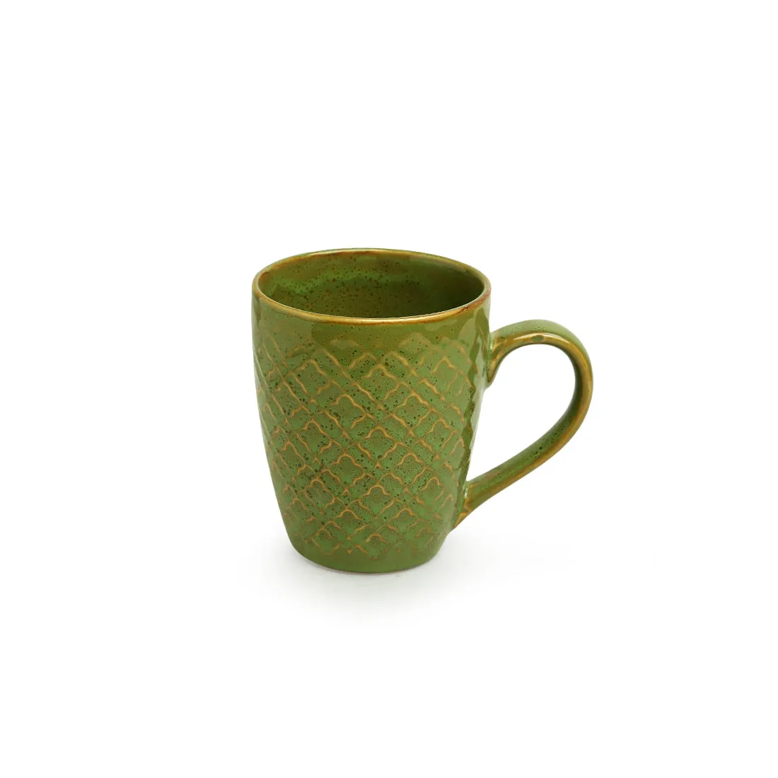 'Moroccan Pistachio' Hand Glazed & Embossed Coffee Mugs In Ceramic (Set Of 2, 300 ML, Microwave Safe)