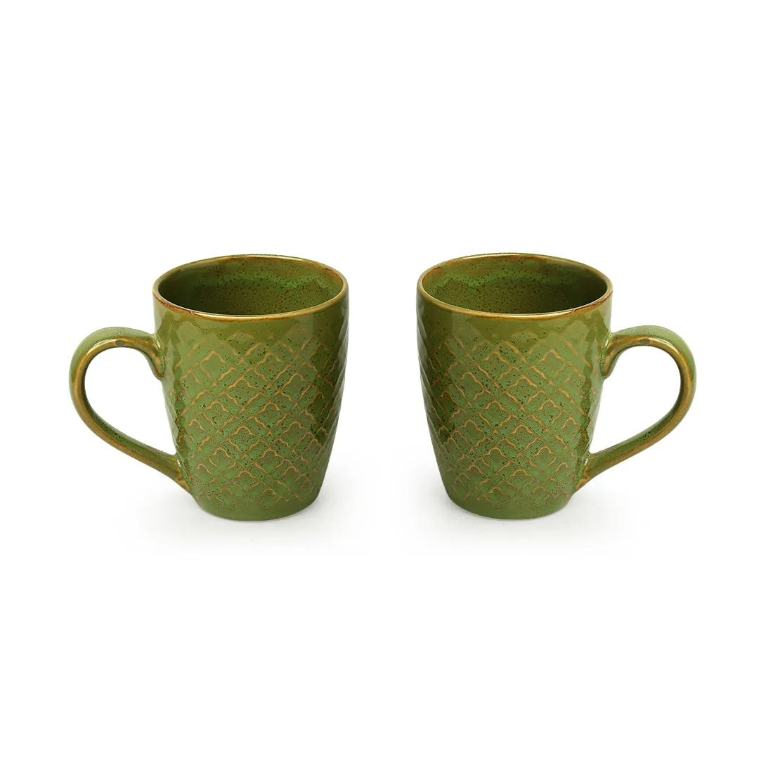 'Moroccan Pistachio' Hand Glazed & Embossed Coffee Mugs In Ceramic (Set Of 2, 300 ML, Microwave Safe)