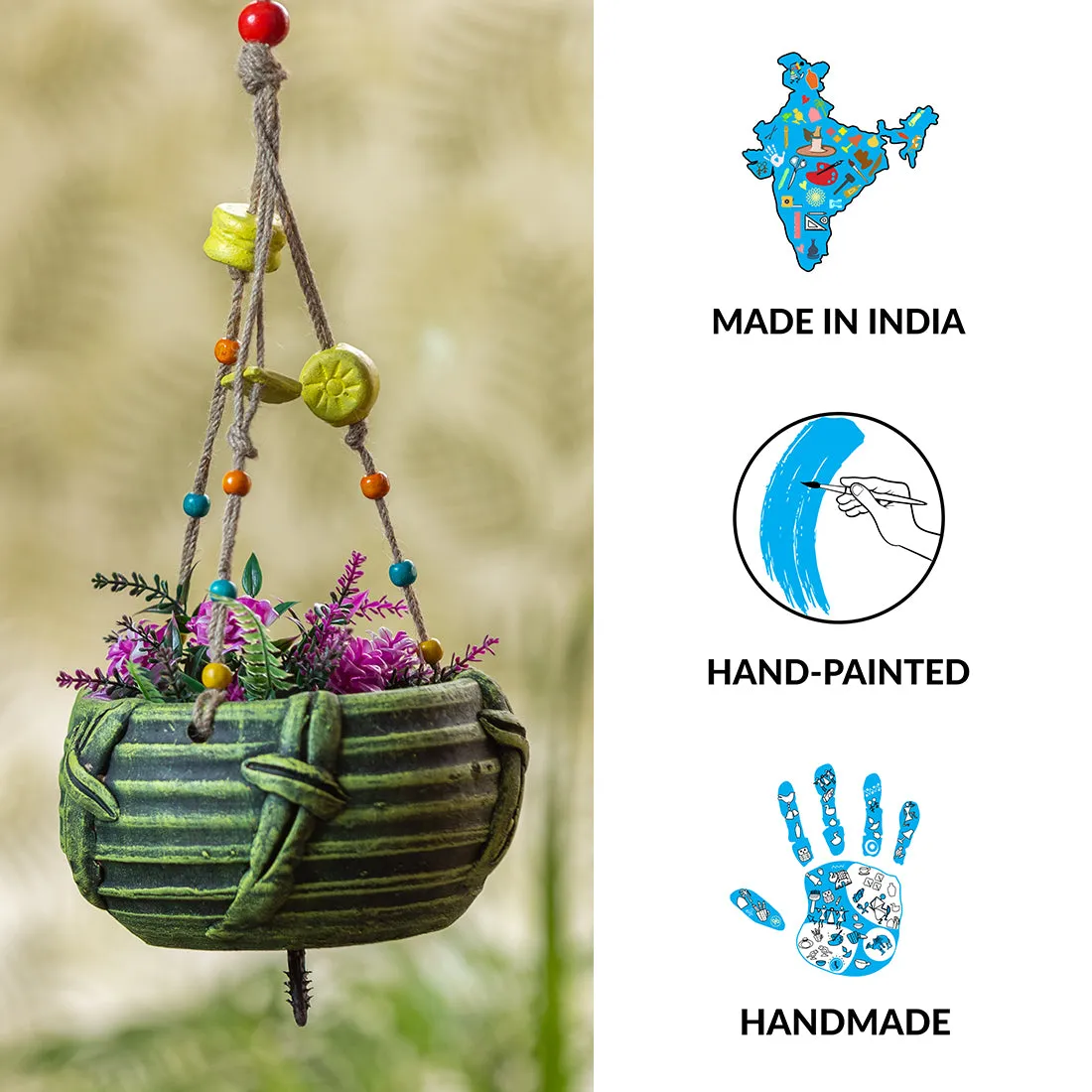 'Nature's Basket' Handmade & Handpainted Terracotta Hanging Planter Pot (7 Inch)