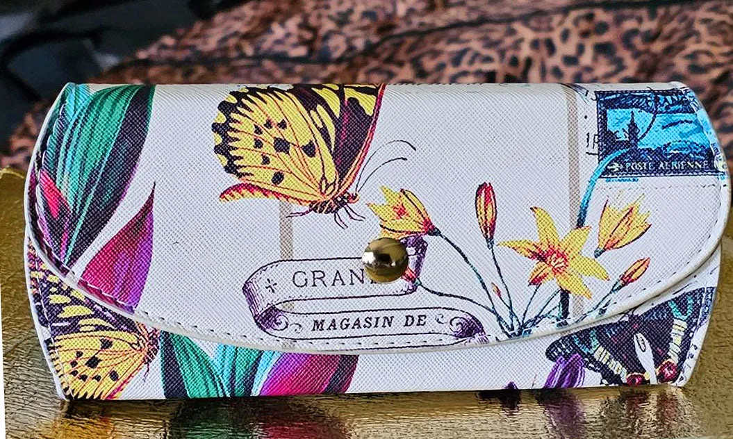 *NEW - EXTRA LARGE BOTANICAL SUNGLASSES / GLASSES CASE WITH BUTTERFLIES & FRENCH WORDING