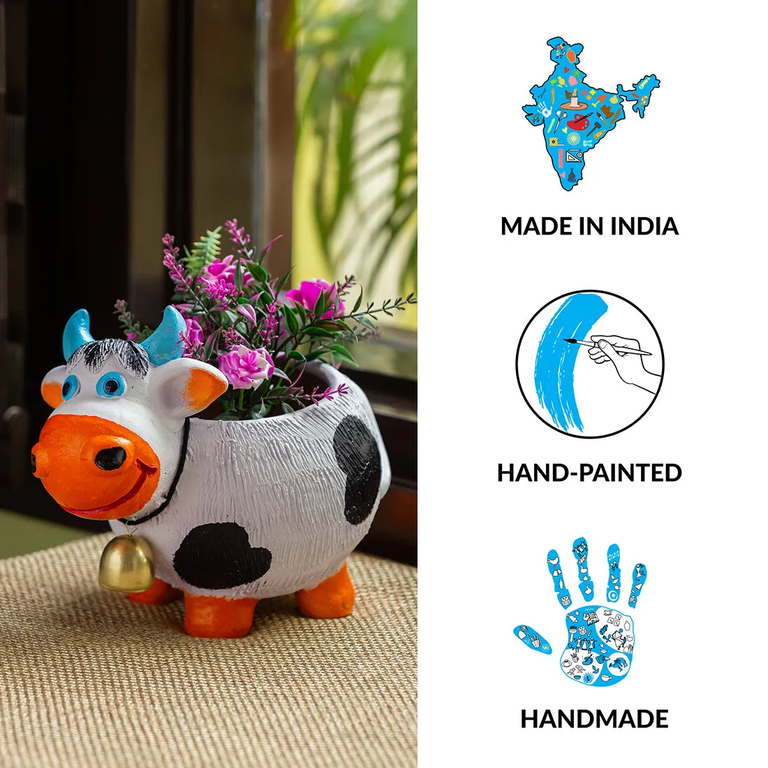 'Playful Cow' Handmade & Handpainted Terracotta Planter Pot (8 Inch)