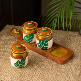 'Shades of a Leaf' Handpainted Ceramic Jars With Tray (Set of 3, 220 ml)