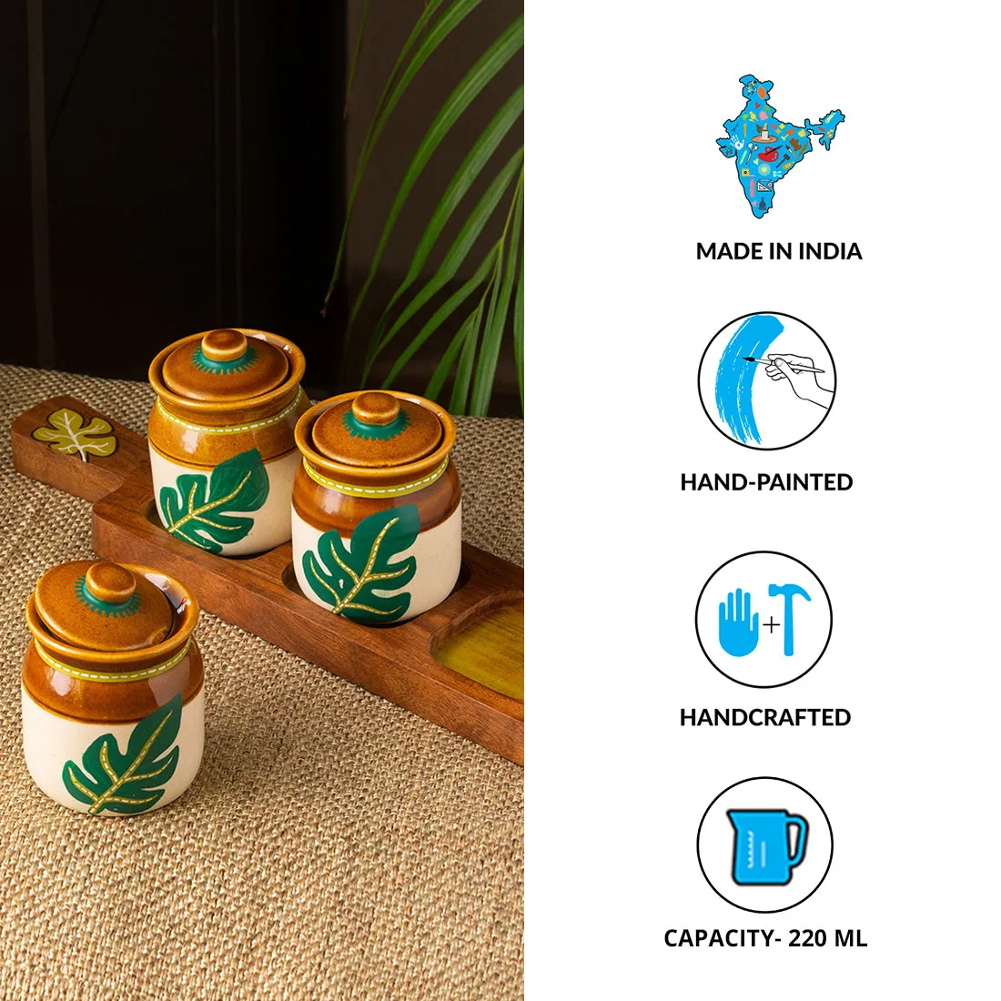 'Shades of a Leaf' Handpainted Ceramic Jars With Tray (Set of 3, 220 ml)