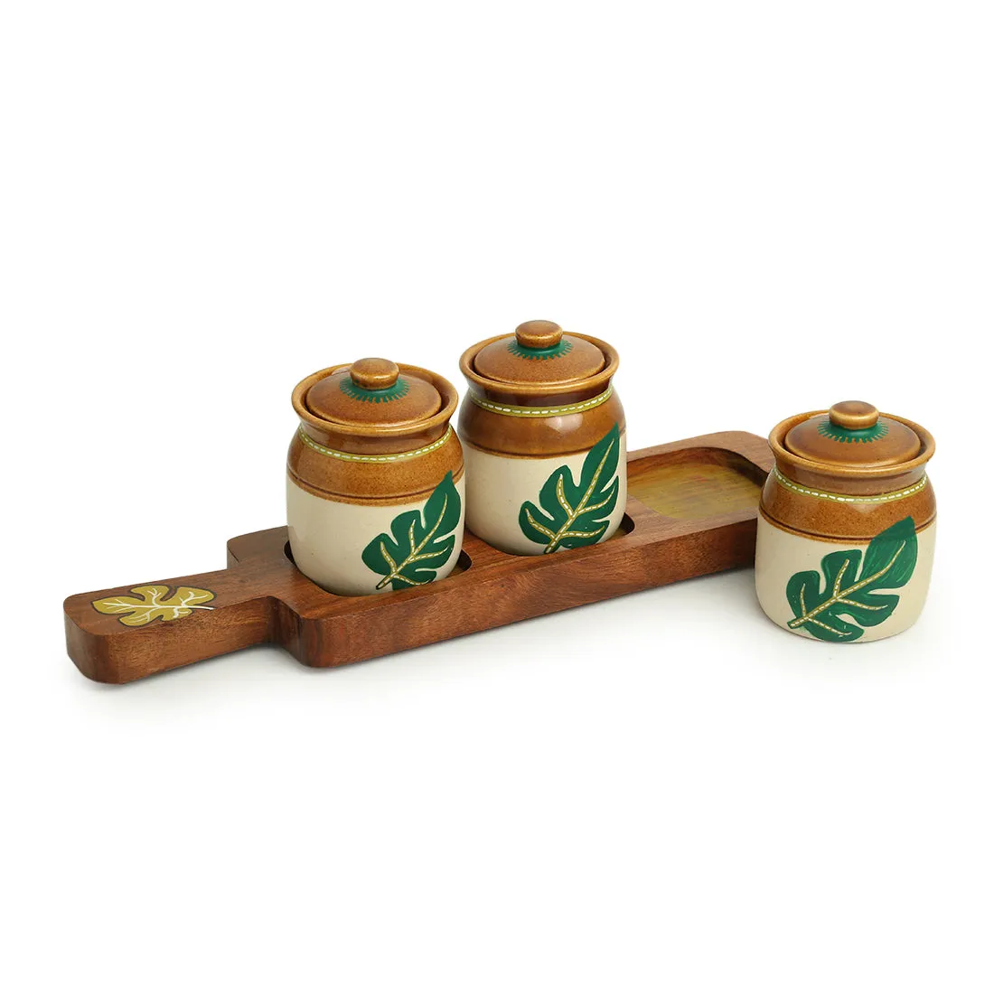 'Shades of a Leaf' Handpainted Ceramic Jars With Tray (Set of 3, 220 ml)