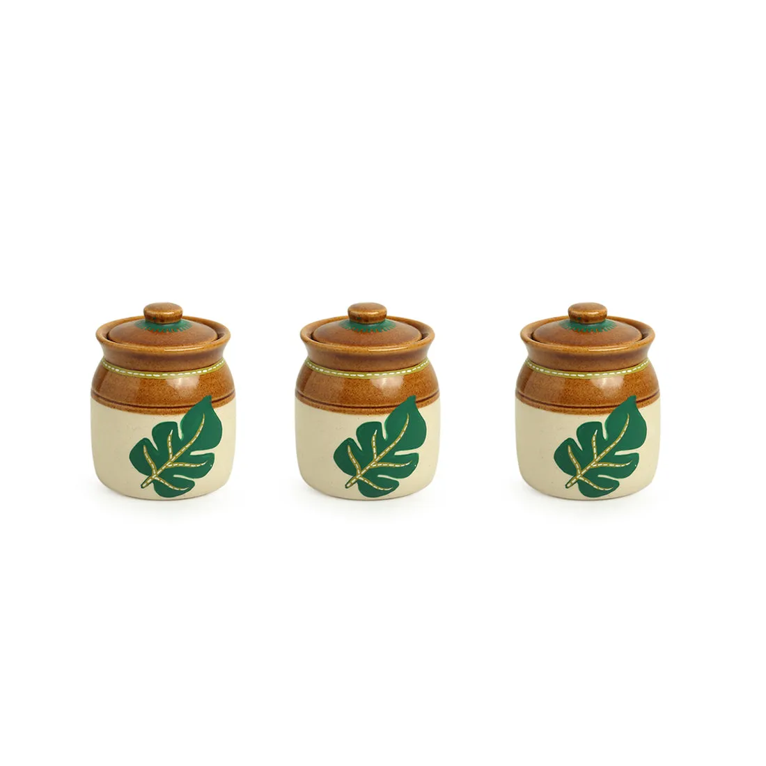 'Shades of a Leaf' Handpainted Ceramic Jars With Tray (Set of 3, 220 ml)