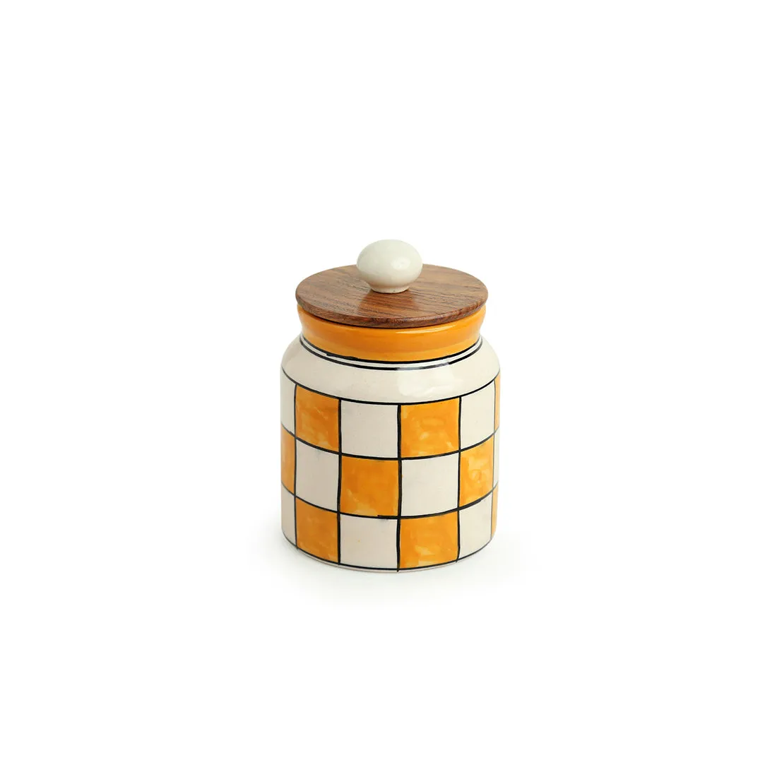 'Shatranj Checkered' Handpainted Multi-Purpose Storage Jar & Container in Ceramic (Airtight, 410 ML, 5.2 Inch)