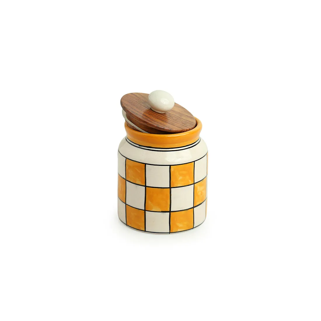 'Shatranj Checkered' Handpainted Multi-Purpose Storage Jar & Container in Ceramic (Airtight, 410 ML, 5.2 Inch)