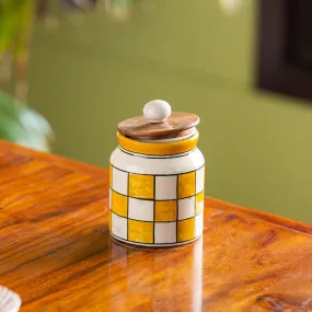 'Shatranj Checkered' Handpainted Multi-Purpose Storage Jar & Container in Ceramic (Airtight, 410 ML, 5.2 Inch)