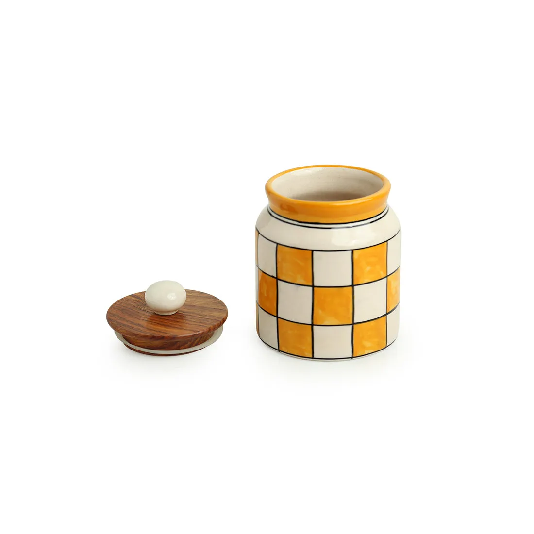 'Shatranj Checkered' Handpainted Multi-Purpose Storage Jar & Container in Ceramic (Airtight, 410 ML, 5.2 Inch)