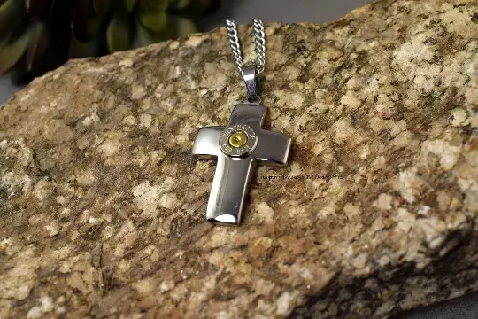 Stainless Steel Domed Men's Cross Bullet Necklace, Polished, Religious Necklace, Custom, 223, M-4, AR-15