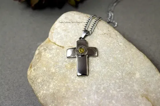 Stainless Steel Domed Men's Cross Bullet Necklace, Polished, Religious Necklace, Custom, 223, M-4, AR-15