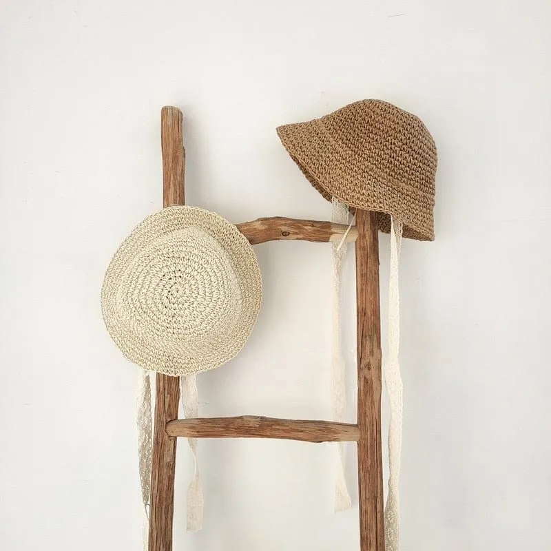 Straw Sun Hat with Bow - Cotton and Straw Blend - Size S/M