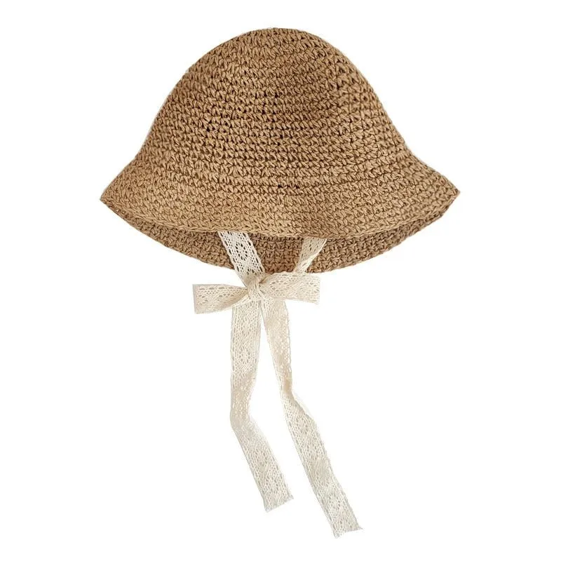 Straw Sun Hat with Bow - Cotton and Straw Blend - Size S/M