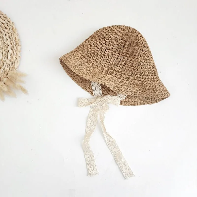 Straw Sun Hat with Bow - Cotton and Straw Blend - Size S/M