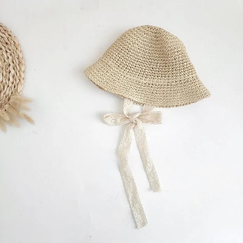 Straw Sun Hat with Bow - Cotton and Straw Blend - Size S/M