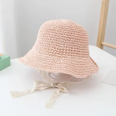 Straw Sun Hat with Bow - Cotton and Straw Blend - Size S/M