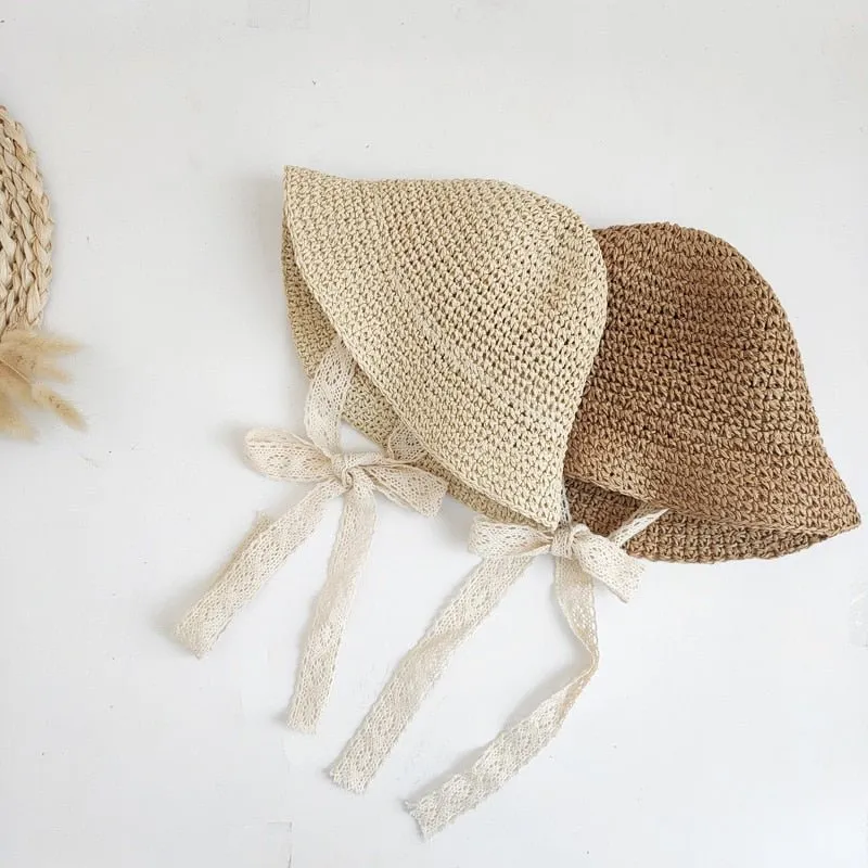 Straw Sun Hat with Bow - Cotton and Straw Blend - Size S/M