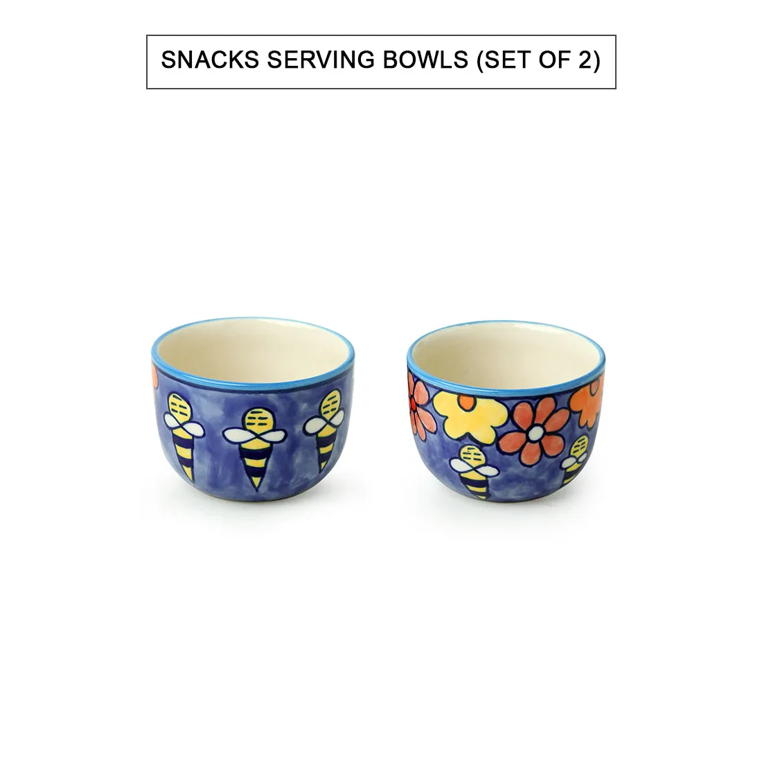 'The Bee Collective' Handpainted Ceramic Serving Bowls (Set Of 2, 250 ML, Microwave Safe)