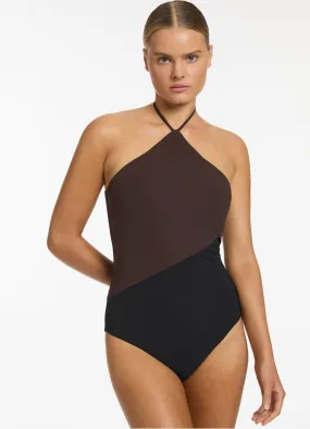 Versa High Neck Halter One Piece - Black/Chocolate