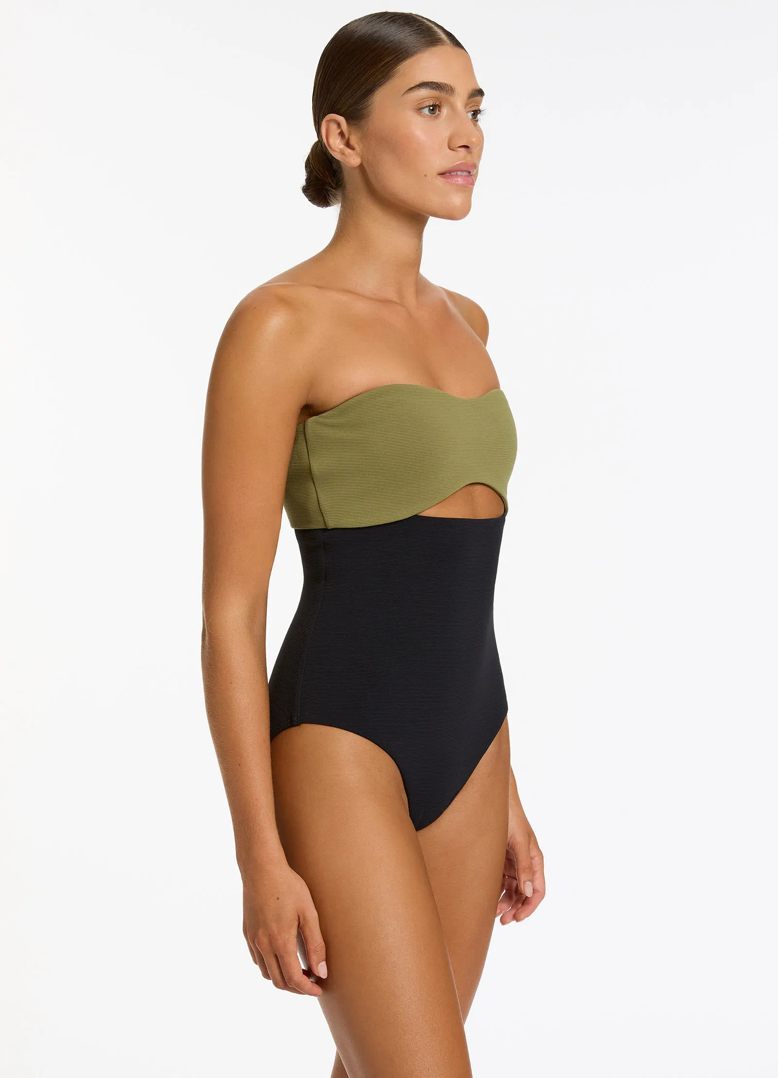 Versa Rib Cut Out Bandeau One Piece - Black/Moss