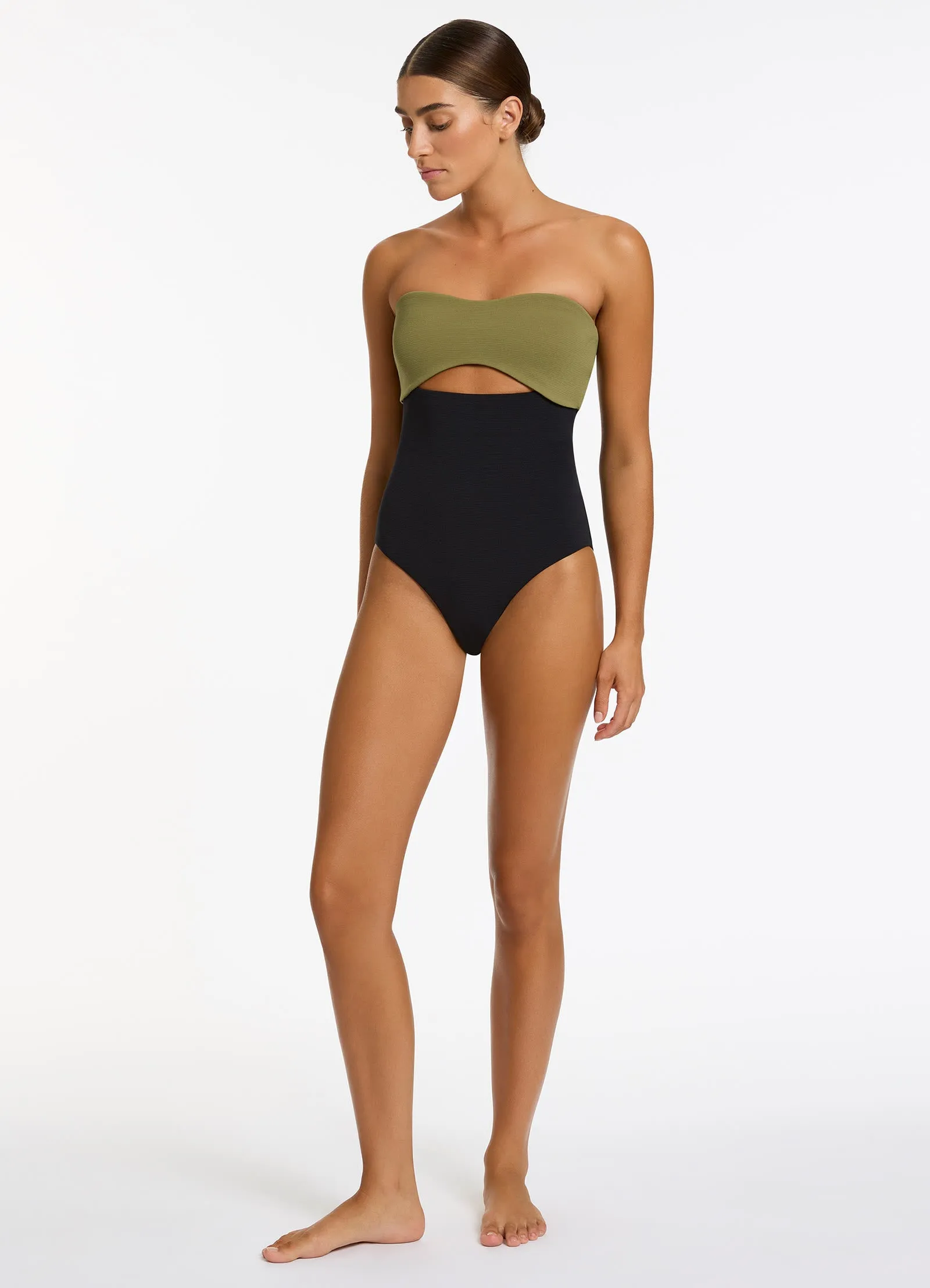 Versa Rib Cut Out Bandeau One Piece - Black/Moss