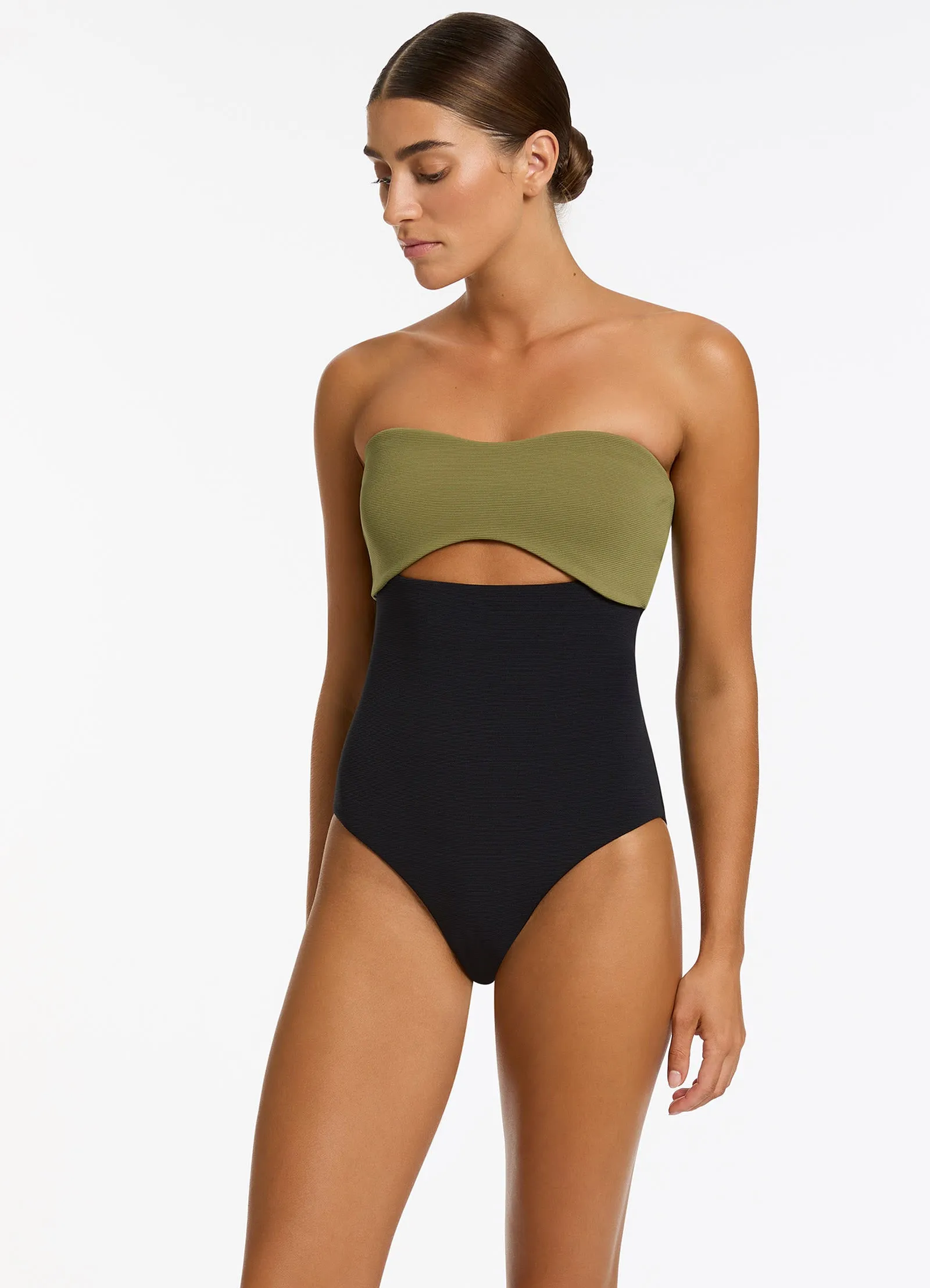 Versa Rib Cut Out Bandeau One Piece - Black/Moss