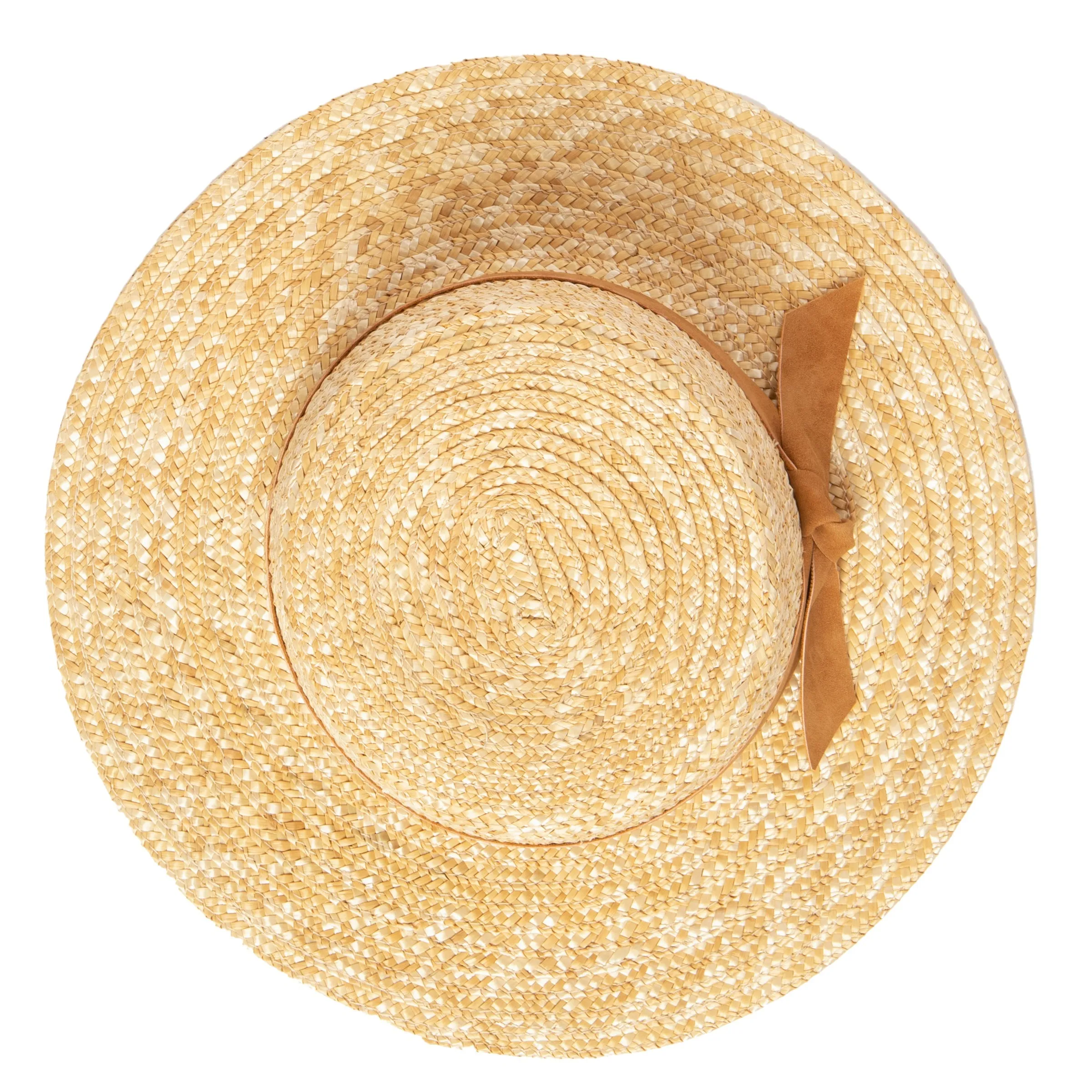 Women's wheat straw boater with faux leather band